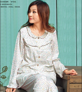 Summer paragraph mother clothing sleepwear female 100% cotton long-sleeve casual lounge set