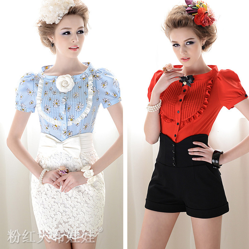 Summer Pleated Ruffle Bubble Short-sleeve Women's Blouses Vintage Lady Palace Ruffles Top Shirts