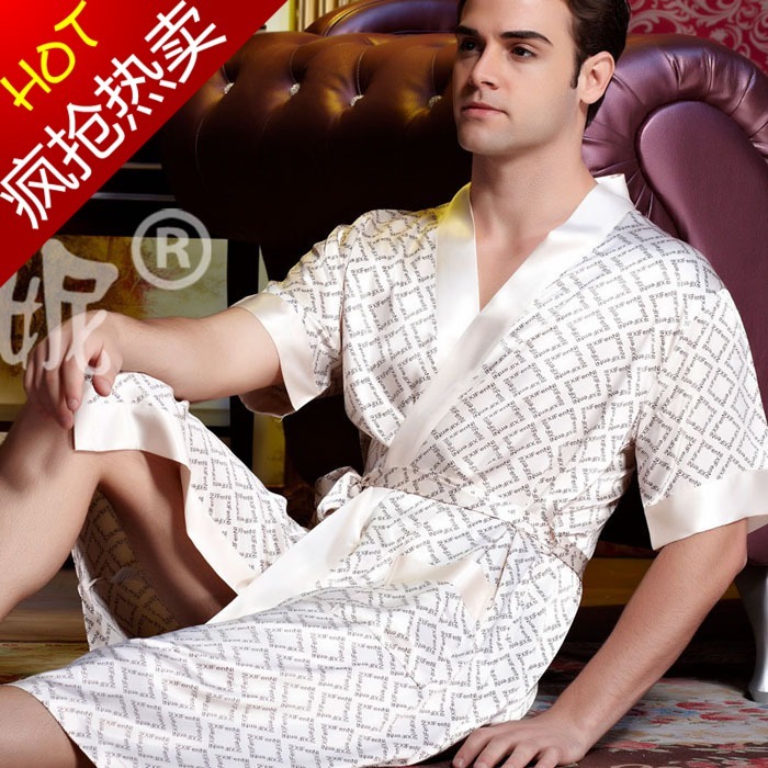 Summer quality male short-sleeve faux silk sleepwear silk sexy robe bathrobes handsome plaid