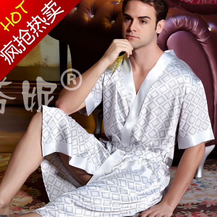 Summer quality male short-sleeve silk sleepwear silk sexy robe bathrobes letter plaid