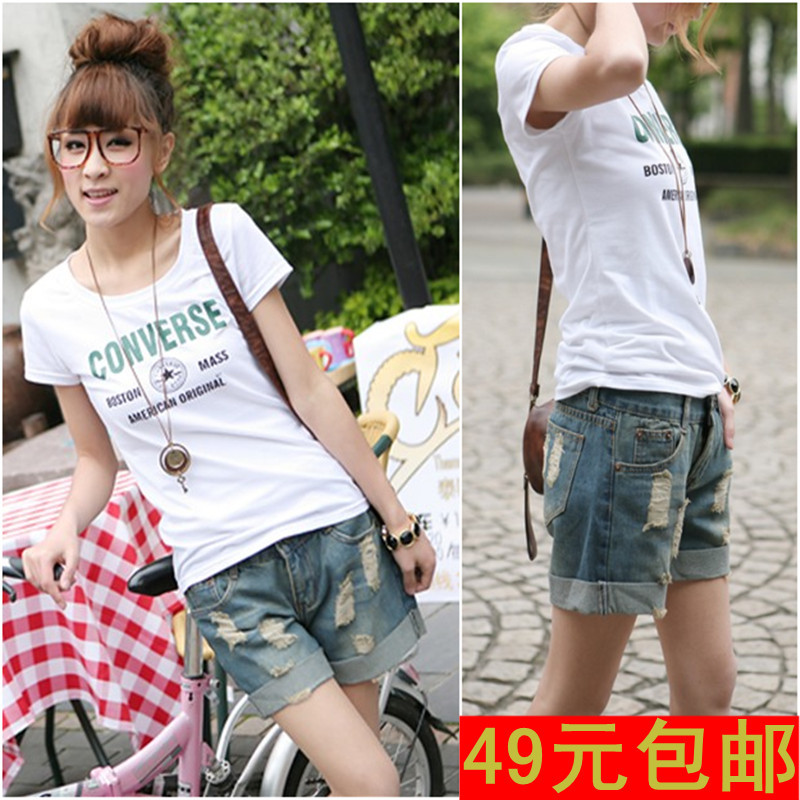 Summer roll-up hem casual hole loose plus size denim shorts mm shorts female trousers