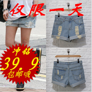 Summer roll-up hem casual hole loose plus size denim shorts mm shorts female trousers