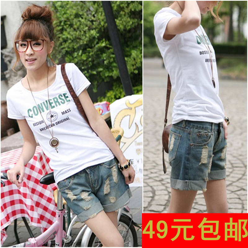 Summer roll-up hem denim shorts hole Women casual shorts loose plus size mm single-shorts