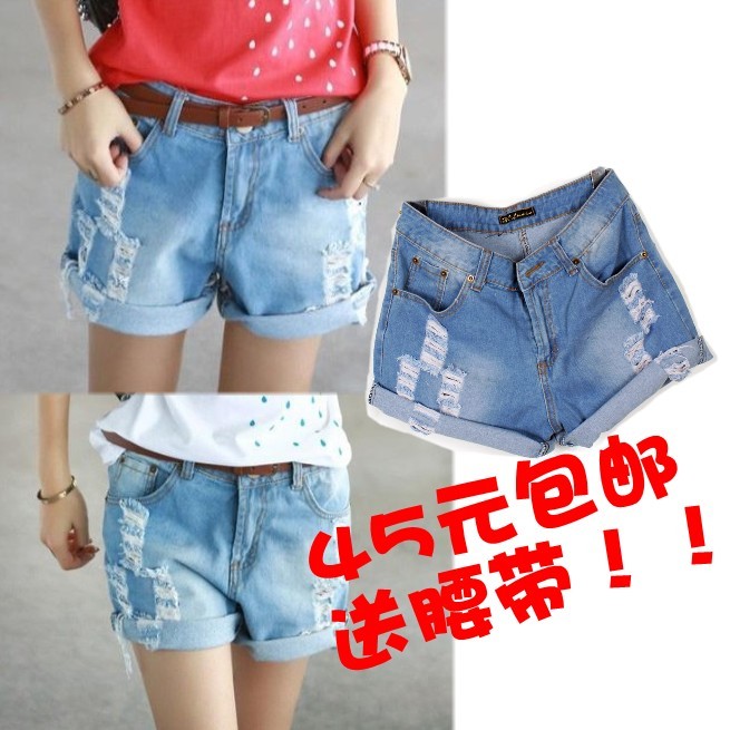 Summer roll-up hem hole loose high waist denim shorts female summer shorts wide leg pants plus size