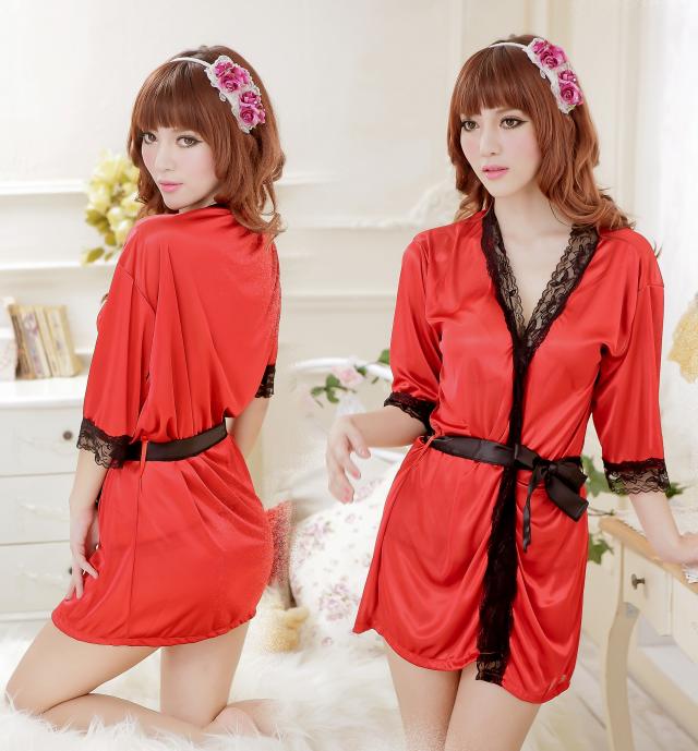 Summer sexy sleepwear female transparent passion bathrobes nightgown lace robe set temptation