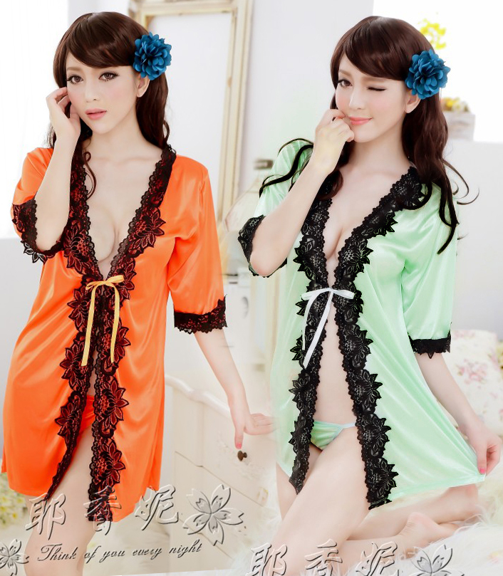 Summer sexy sleepwear prevent the temptation female translucent silk robe bathrobes nightgown lace twinset