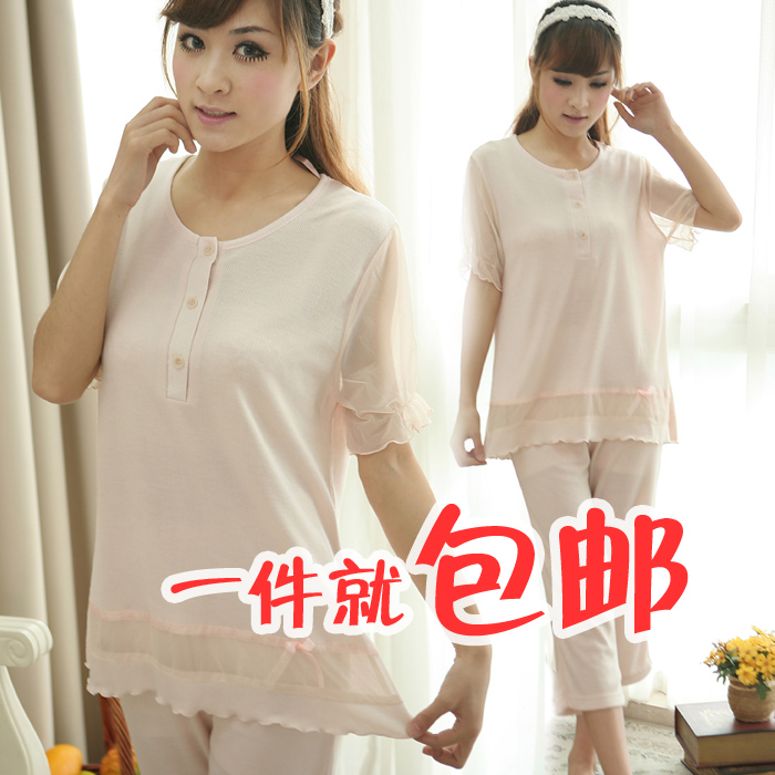 Summer short-sleeve capris Women cutout transparent lace modal 100% cotton sleep set