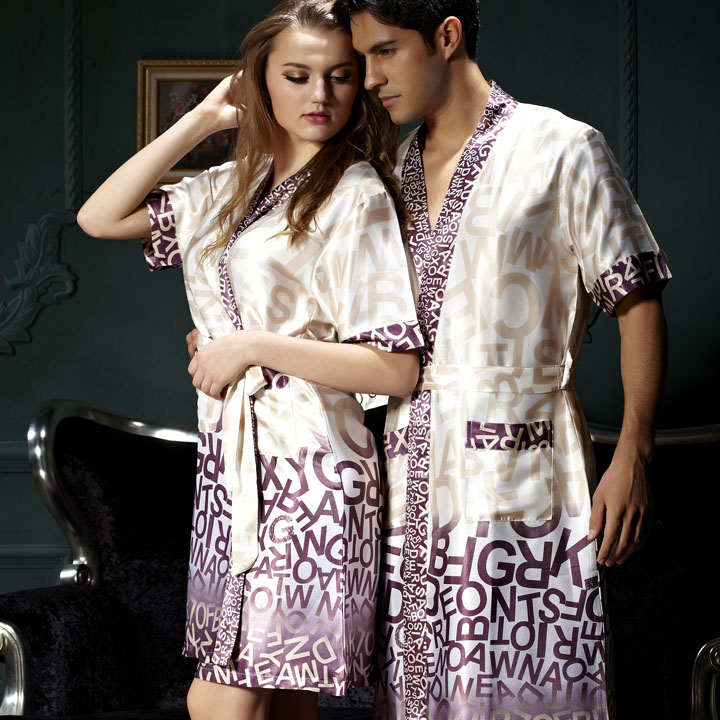 Summer short-sleeve lovers faux silk sleepwear robe bathrobes silk lounge sexy purple