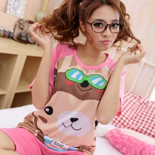 Summer short-sleeve sleepwear women's knitted cotton sleep set cartoon summer sleepwear