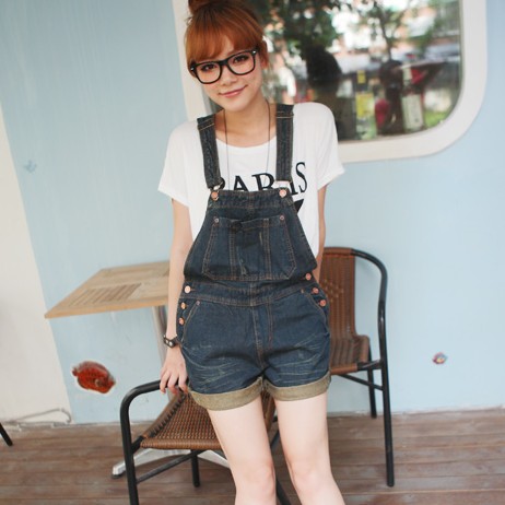 Summer shorts bib pants female mm loose denim shorts school wear plus size denim shorts suspenders