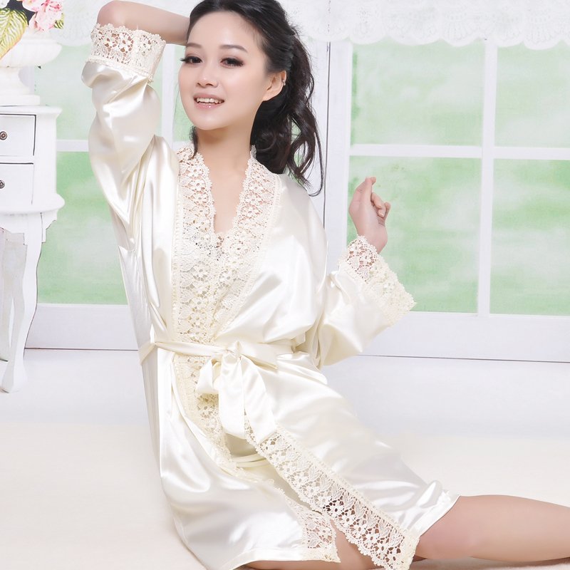 Summer silk sleepwear lounge women's faux silk nightgown spaghetti strap robe twinset y12806 Free shipping