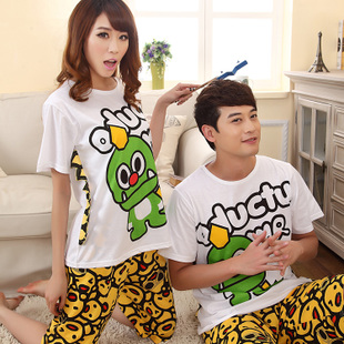 Summer thin lovers sleepwear 100% cotton short-sleeve lounge male women's cartoon sleep set