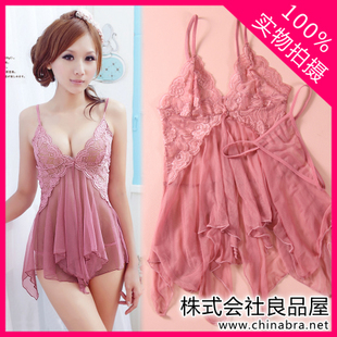 Summer underwear female sexy transparent gauze sleepwear lovely spaghetti strap nightgown lace temptation twinset