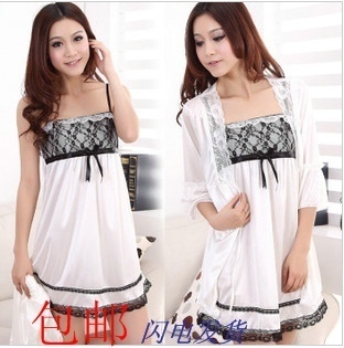 Summer viscose sexy lace decoration ultra-thin sweet women's nightgown white spaghetti strap twinset women's sleepwear