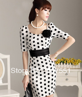 summer white polka dot elegant slim belt ol dress   corsage