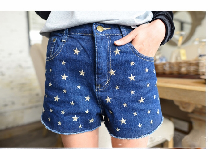 Summer Women Fashion High Waist Stars Printed Denim Shorts Woman Jeans Free Shipping