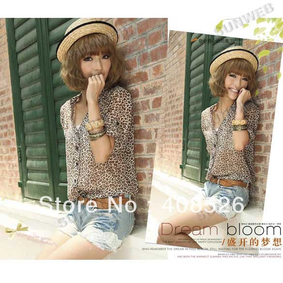 summer women fashion Korea style Chiffon blouse print V Neck turn-up cuff thin long sleeve leopard shirt free shipping 20111