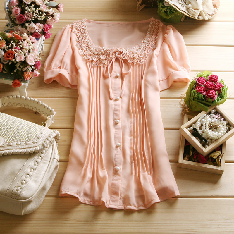 Summer Women fashion lantern sleeve short-sleeve chiffon shirt cardigan pleated handmade beaded chiffon top cute shirt