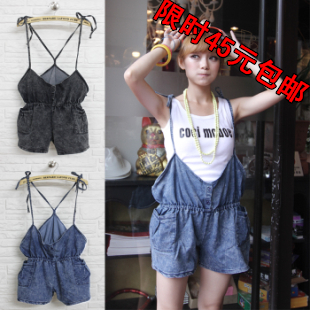 Summer women's 2012 casual loose shorts vintage spaghetti strap one piece shorts denim shorts suspenders