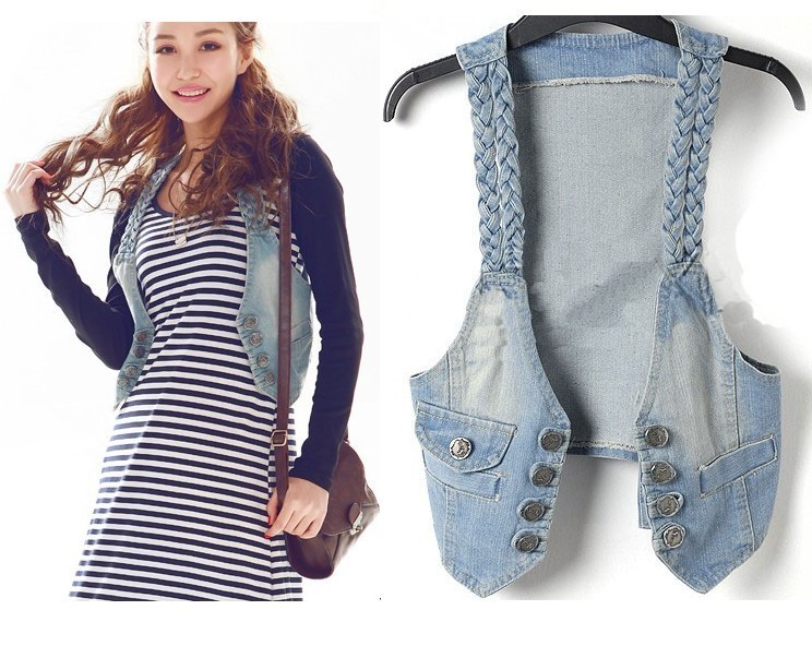 Summer women's 6012 new arrival vivi twisted braidline denim vest shrug tooling vest