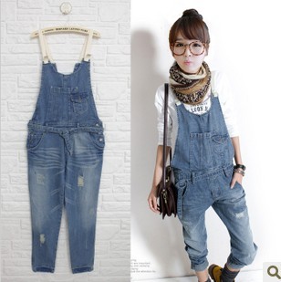 Summer women's denim bib pants casual trousers lowing distrressed trousers harem pants pencil pants