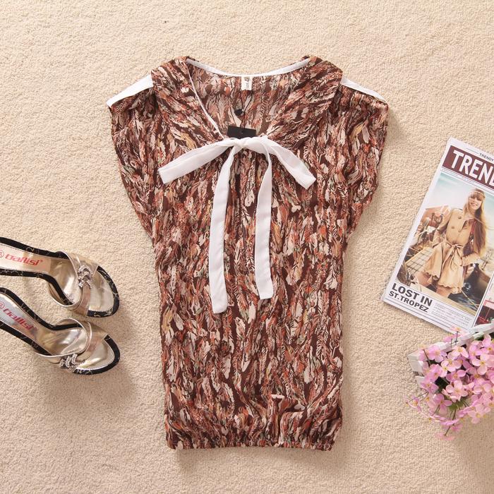 Summer women's fashion normic vintage fashion feather lacing cool loose chiffon shirt (WC026)