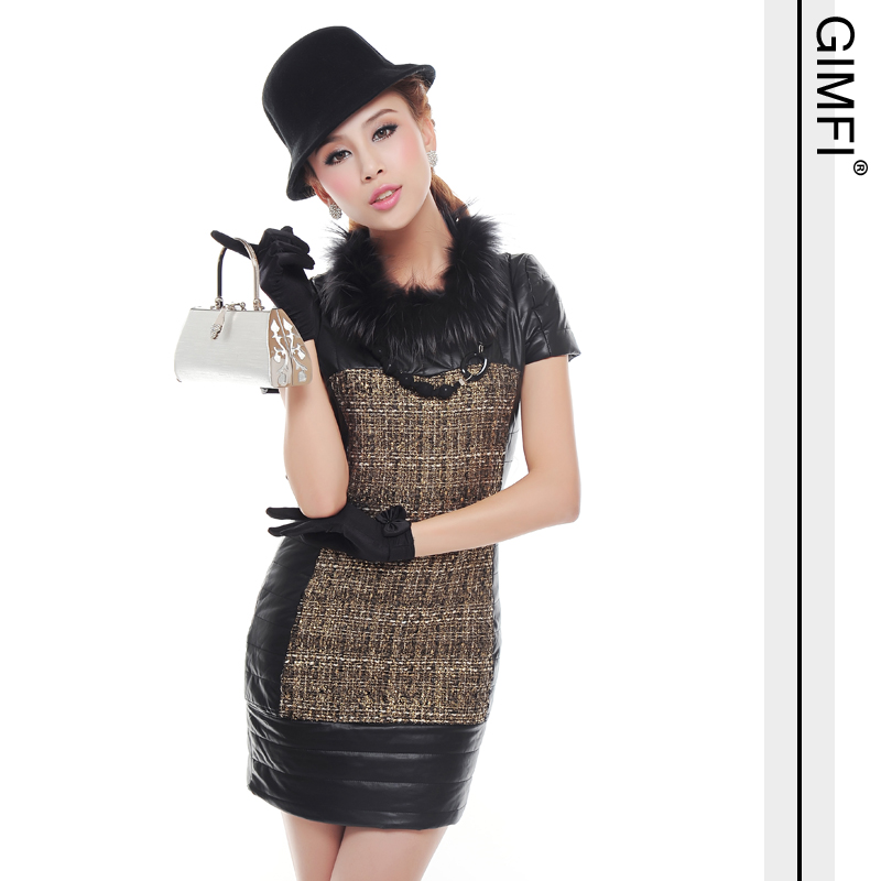 Summer women's formal vintage fur collar leather patchwork dress one-piece dress