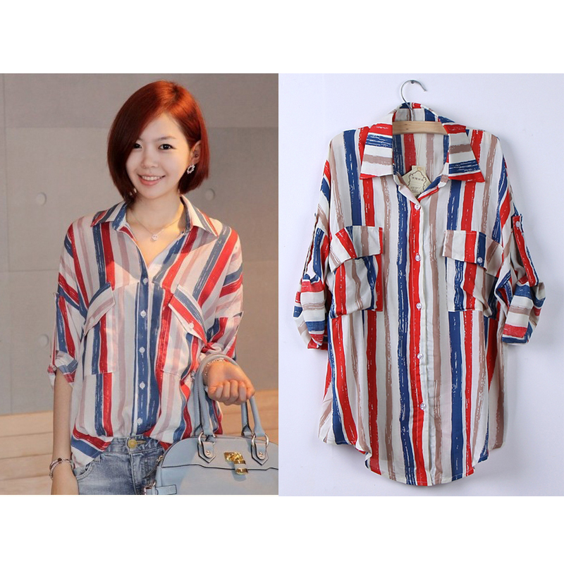 Summer women's plus size vertical stripe short-sleeve shirt women's top casual short-sleeve loose shirt