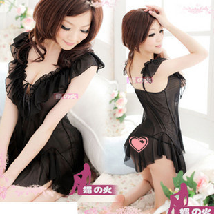 Summer women's sexy sleepwear transparent spaghetti strap nightgown lace underwear black gauze twinset temptation