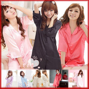 Summer women's silk sexy one piece handsome shirt style sleepwear lounge loose nightgown