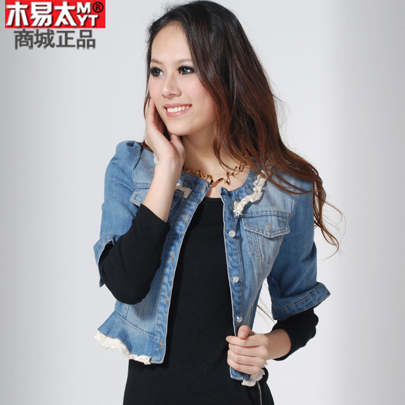 Summer women's small laciness short design denim outerwear lace slim waist puff sleeve denim coat