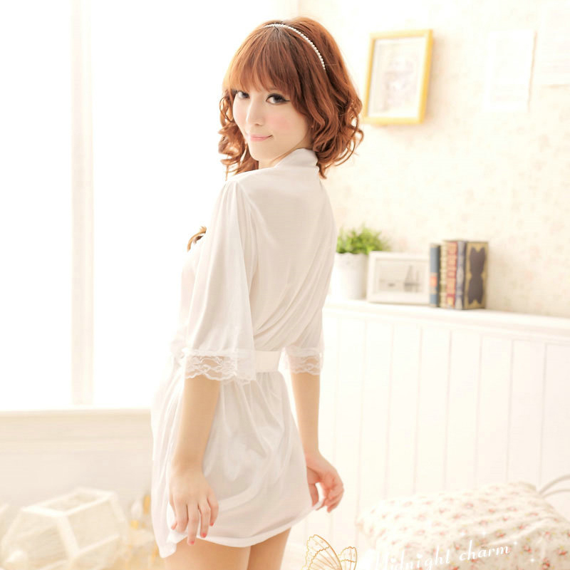 Summer Women sexy charming faux silk sleepwear twinset white thin bathrobes robe casual lounge