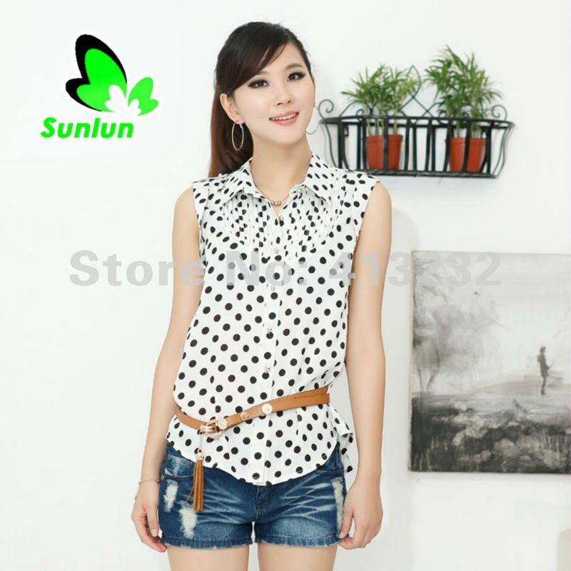 Sunlun Fantasy Zone Free Shipping Ladies' Fashion Sleeveless Round Dot Shoulder Knot Blouses Women Shirt 2012 New