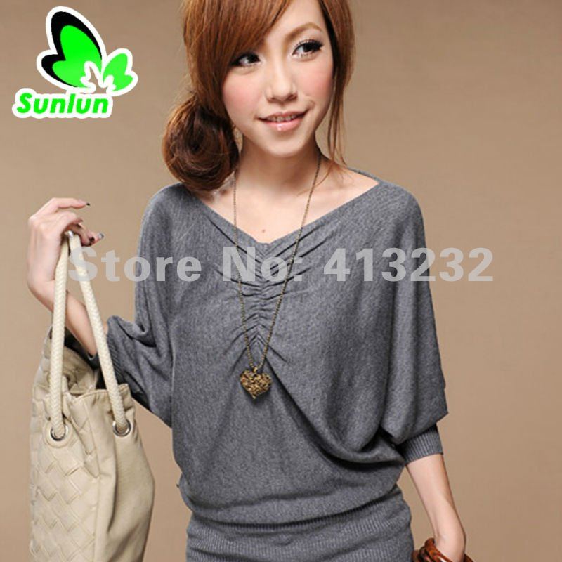 Sunlun Fantasy Zone Free Shipping Ladies' Fold  Sleeve V-neck Bottoming Shirt Ladies Sweater Bat Sleeve