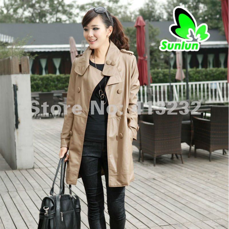 Sunlun Fantasy Zone Free Shipping Women's Elegant Long Section Leather Wind Coat Women Outcoat 2012 New Arrival