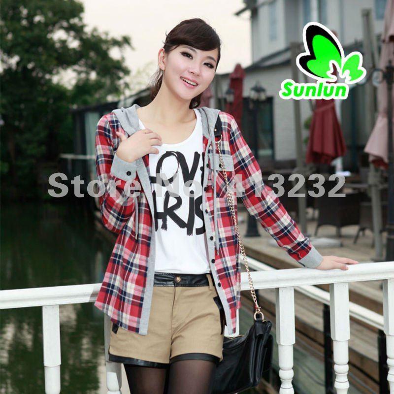 Sunlun Fantasy Zone Free Shipping Women's Fashion Casual Plaid Hooded Shirt Lady Shirt 2012 New Arrival