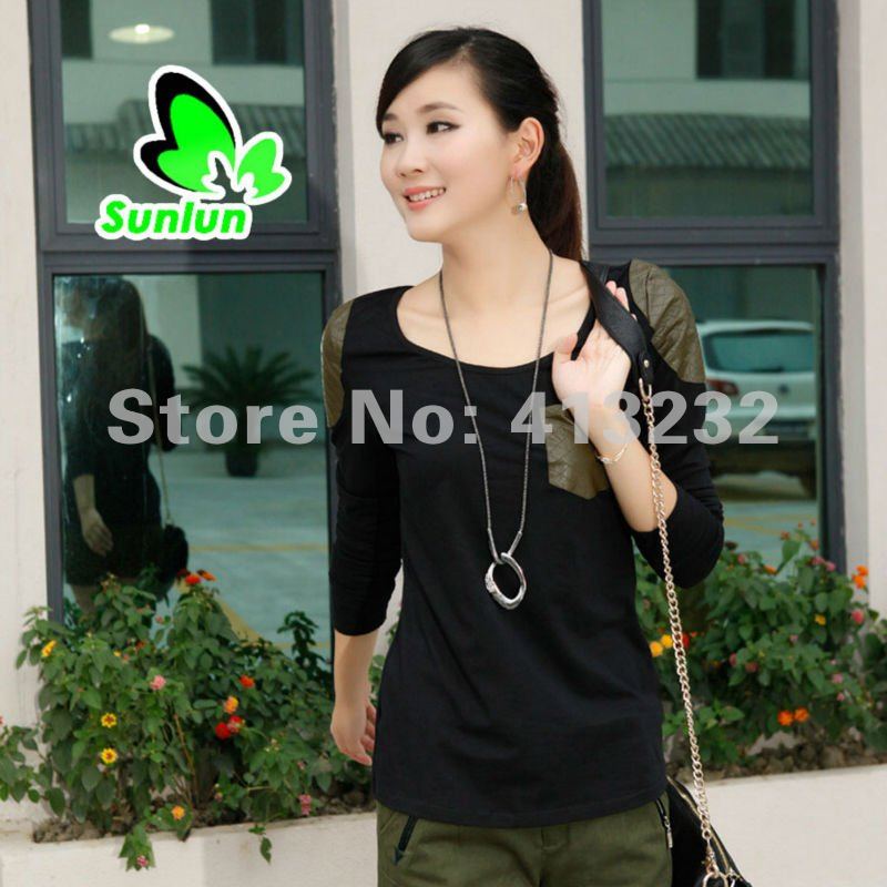 Sunlun Fantasy Zone Ladies' Fashion Casual Long Sleeve Leather Pocket Cotton Shirt Women Blouses 2012 New Free Shipping