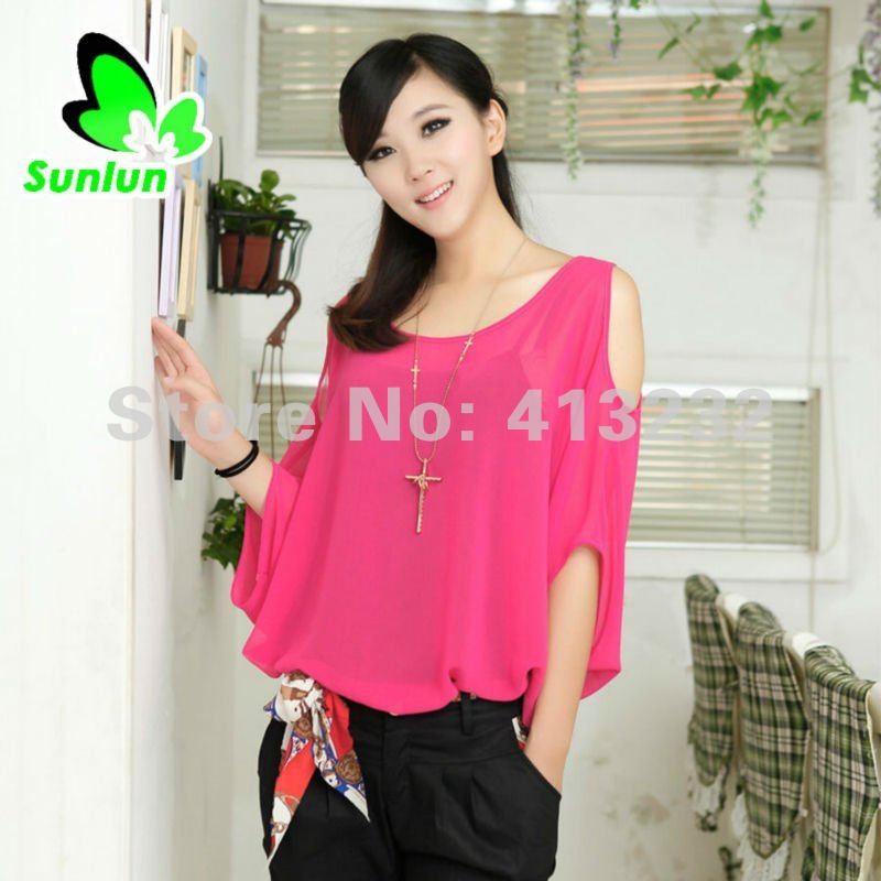 Sunlun Fantasy Zone Ladies' Fashion Leisure Chiffon Off Shoulder Bat Shirt Women Blouses 2012 New Arrival Free Shipping