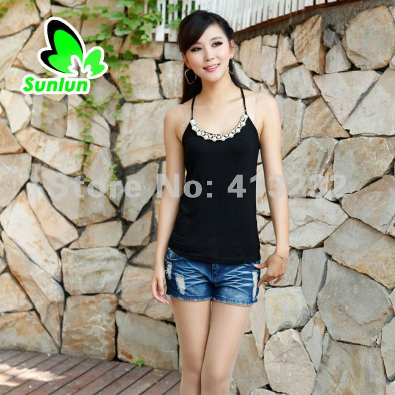 Sunlun Fantasy Zone  Ladies' Fashion Pearl Decorated Collor Sun-Top Women Base Shirt 2012 New Arrival Free Shipping