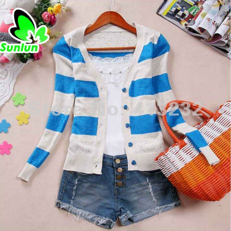 Sunlun Fantasy Zone Ladies' Korean Casual Heart-Shaped Button Hollow Wide Stripe Cardigan Women Knitwear Free Shipping