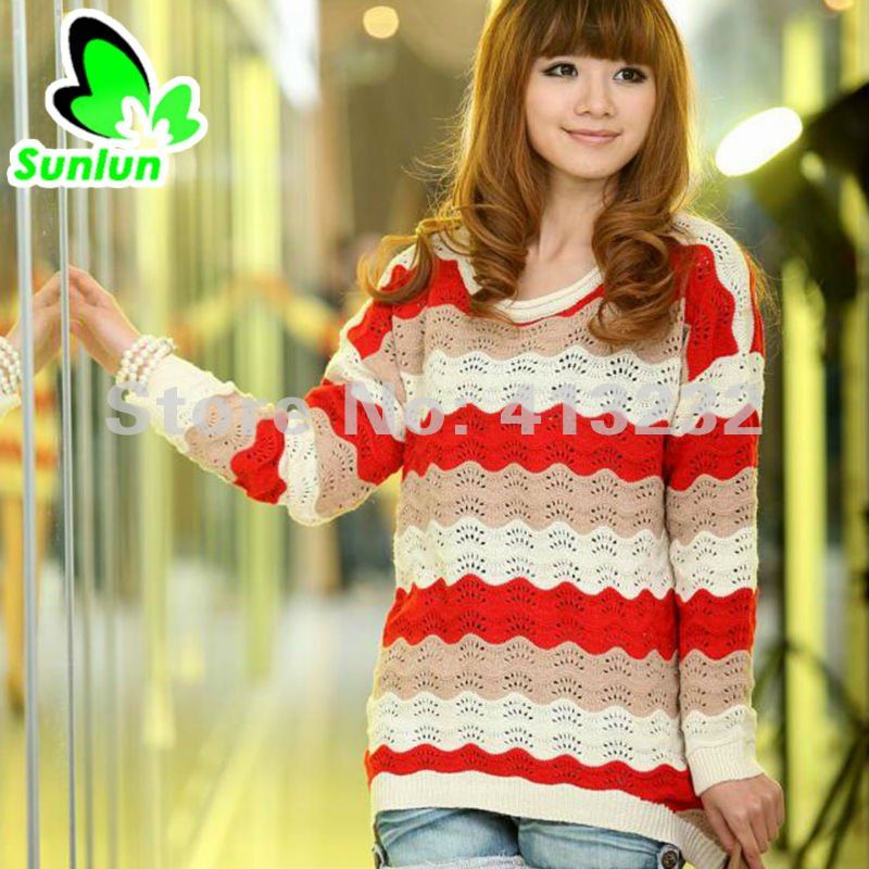 Sunlun Fantasy Zone Ladies' Rainbow Striped Loose Sweater Women Sweater Crocheted Flowers Free Shipping