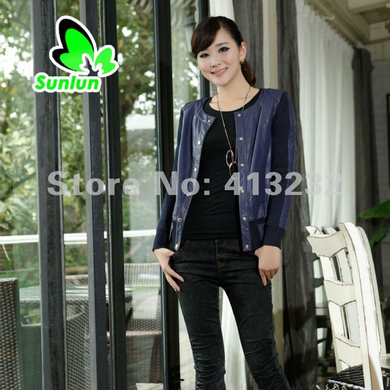 Sunlun Fantasy Zone Women's Elegant Fashion Round Collar Short Leather Coat Women Jacket2012 New Arrival Free Shipping