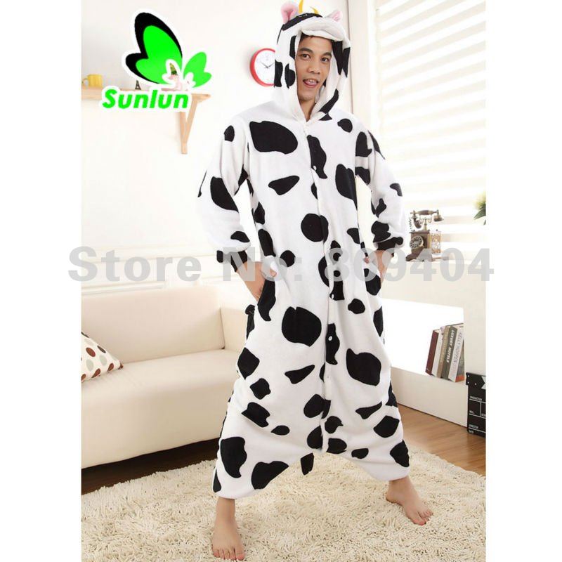 Sunlun Free Shipping  Cow Cartoon Animal One Piece Lovers Pajama Coral Fleece Thickening Sleepwear SCW-15004