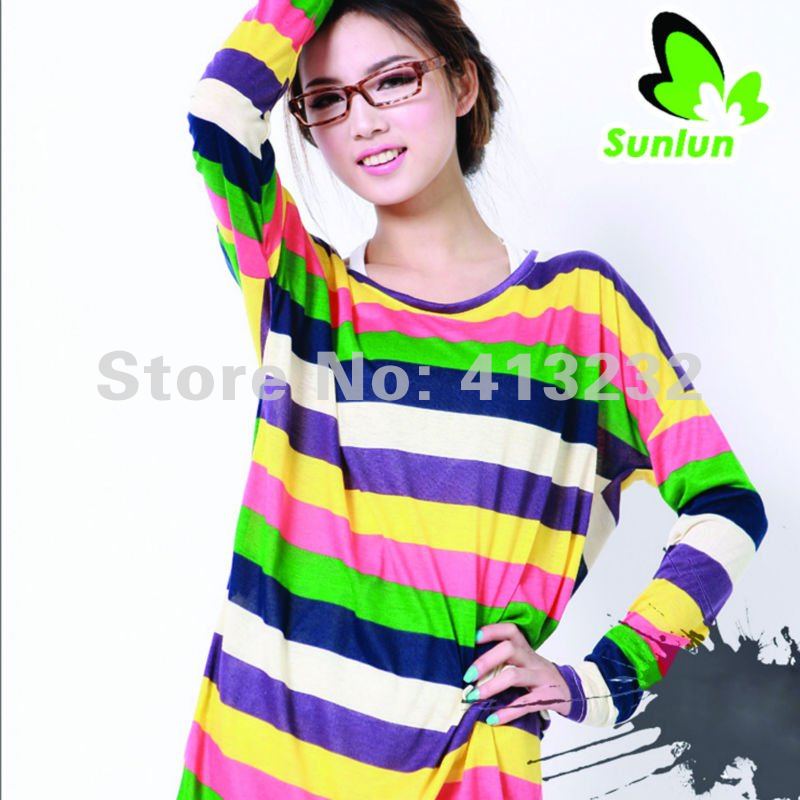 Sunlun Free Shipping  Ladies' Colored StripesLong-sleeved Knit Shirt Autumn Coa Loose Style