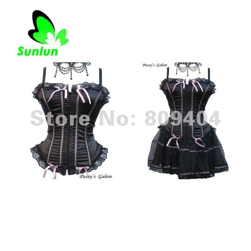 Sunlun Free Shipping Ladies' Fashion Lace Black Corset Sexy Bustier + G-string