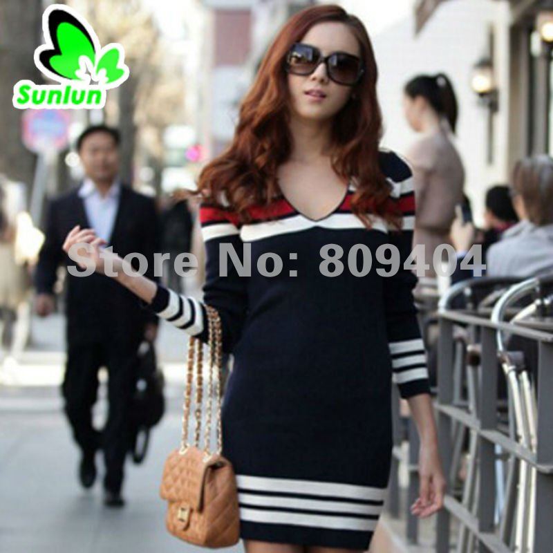 Sunlun Free Shipping Ladies' Korean Version  Contrast Color Slim Sweater/Women Clothing/2012 New Arrival