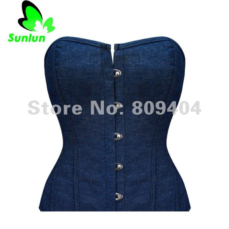 Sunlun Free Shipping Ladies' Sexy Denim Corset G-String Women Bustier Denim Blue