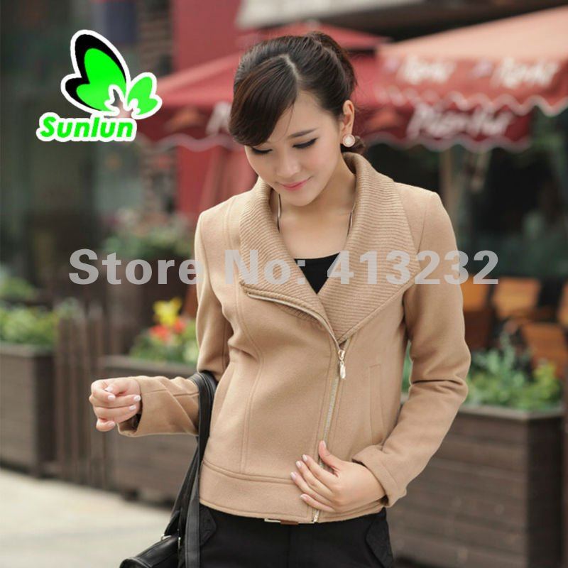 Sunlun Ladies' Fashion Elegant Knitted Collar Short Split Joint Worsted Coat Autumn Women Outwear Free Shipping