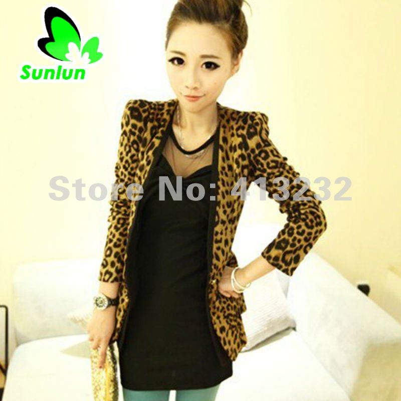 Sunlun Ladies'  New Padded Shoulders Suede Leopard Jacket Women Outwear Free Shipping