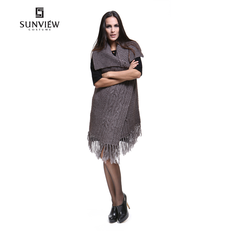 Sunview spring women's coarse bar knitted wool acrylic medium-long large lapel sweater cape